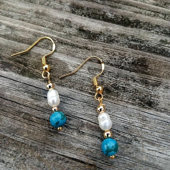 Turquoise & Pearl Dangle Earrings - Picture 1 of 4
